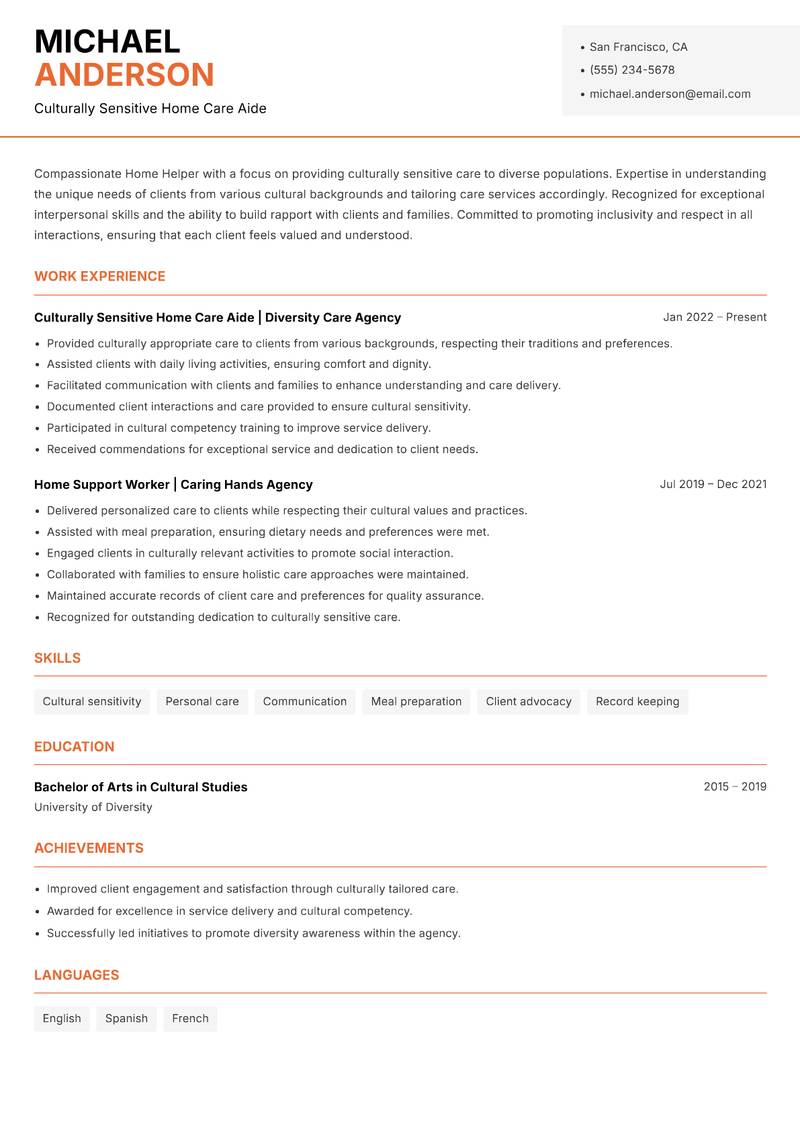 Home Helper resume sample — Culturally Sensitive Home Care Aide focus