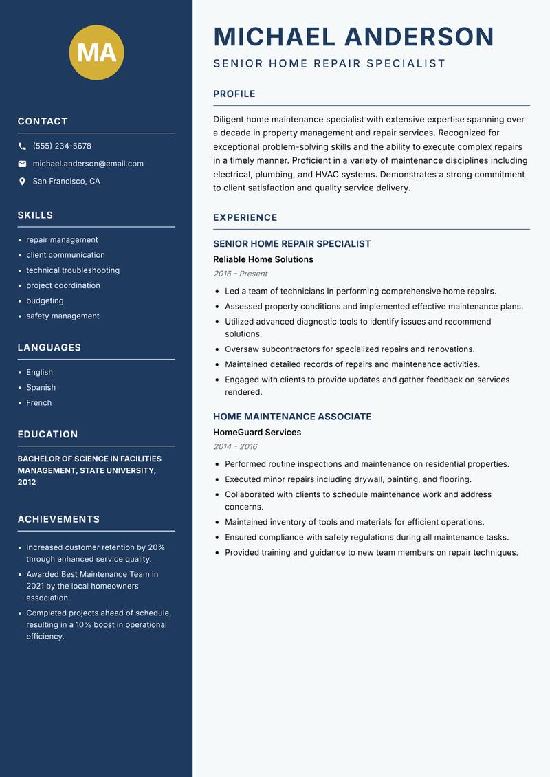 Home Maintenance Helper resume sample — Senior Home Repair Specialist focus