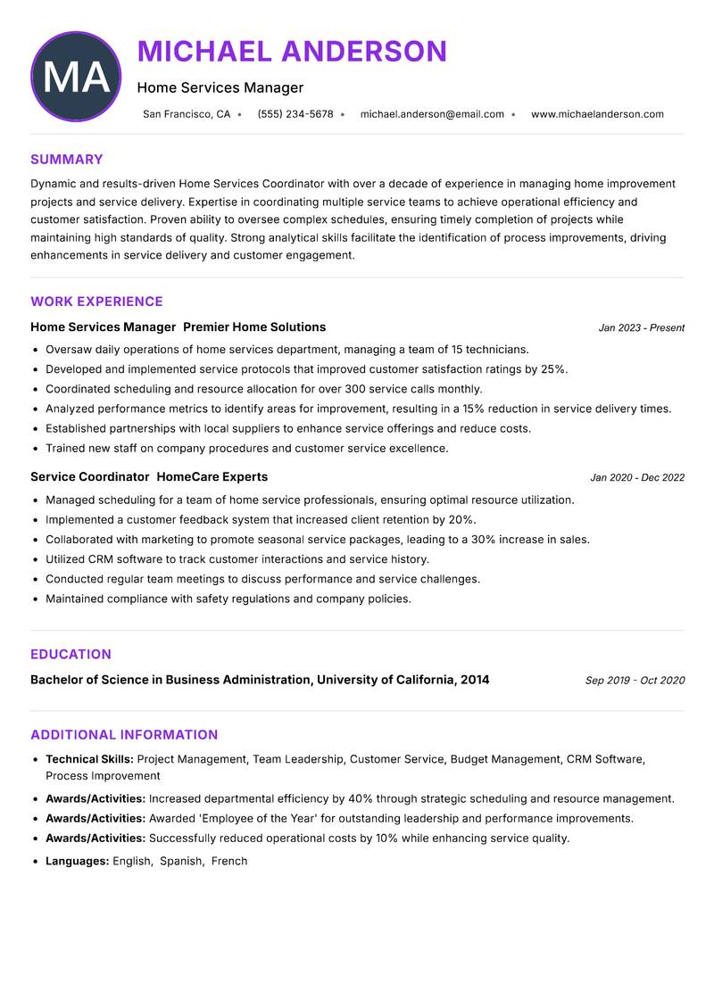 Home Services Coordinator resume example