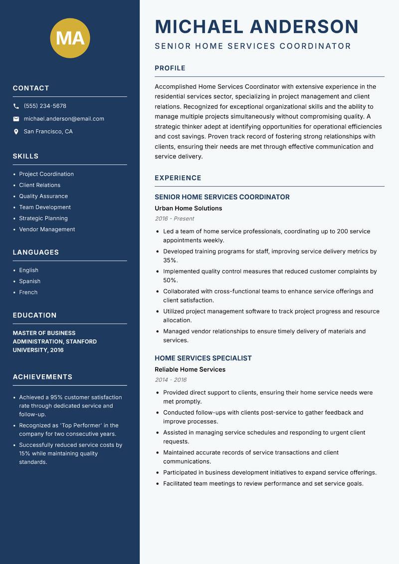 Home Services Coordinator resume sample — Senior Home Services Coordinator focus