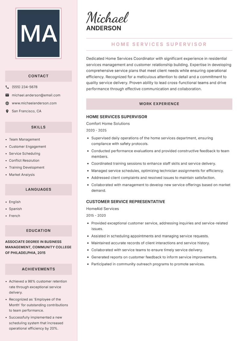 Home Services Coordinator resume sample — Home Services Supervisor focus