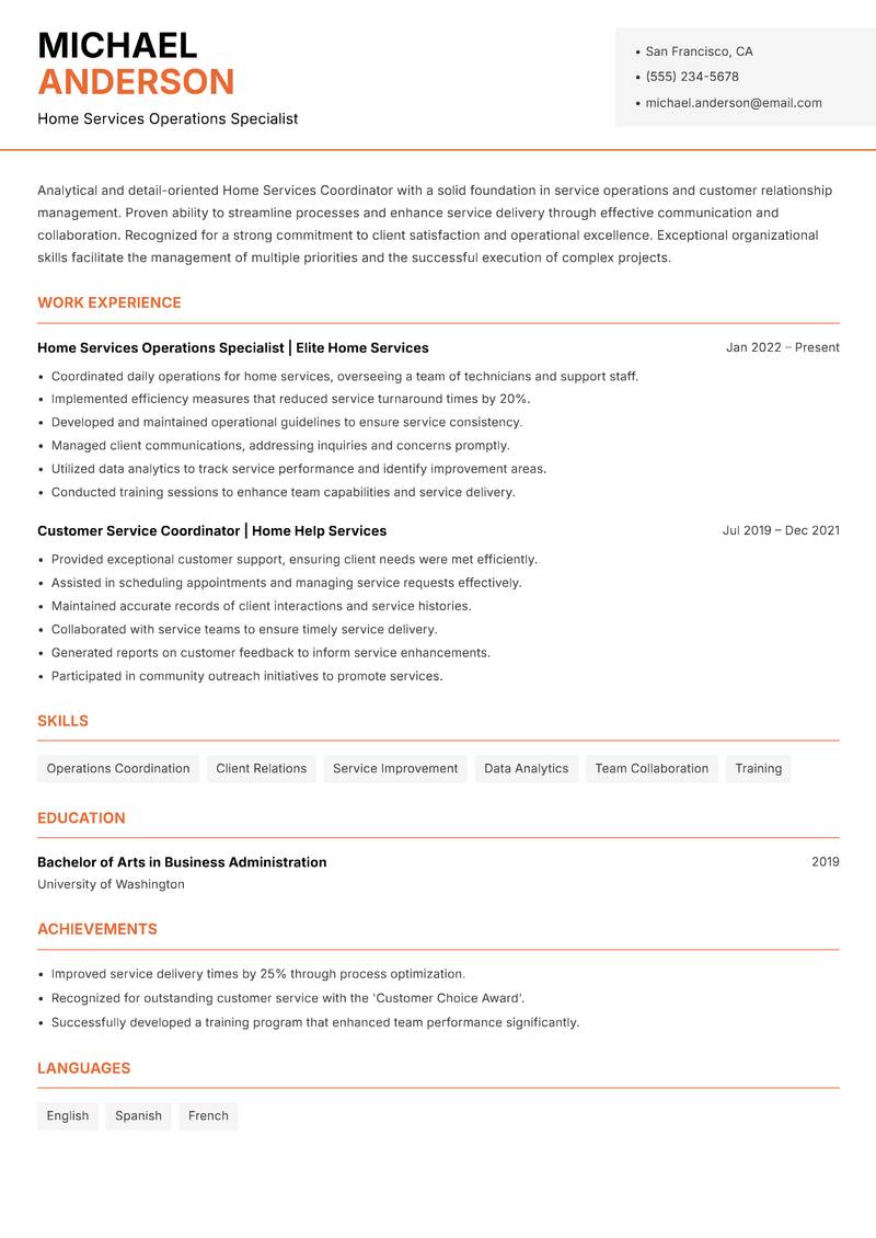 Home Services Coordinator resume sample — Home Services Operations Specialist focus