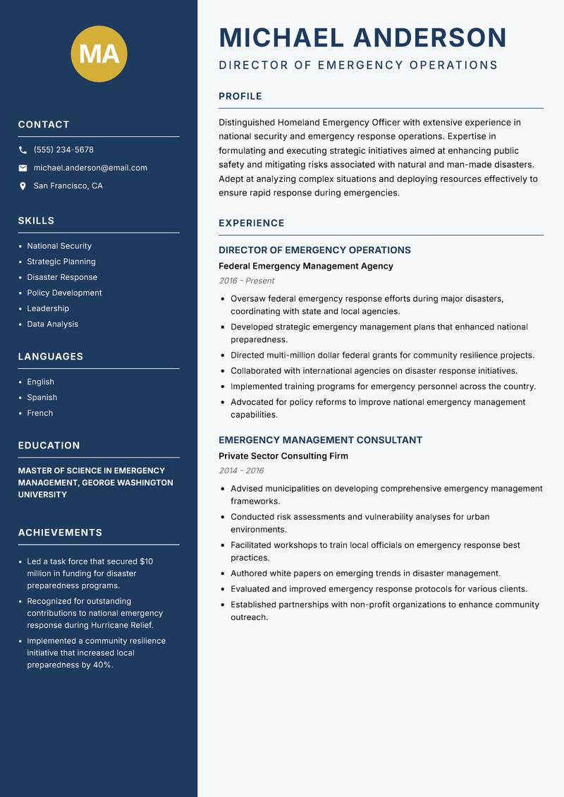 Homeland Emergency Officer resume sample — Director of Emergency Operations focus