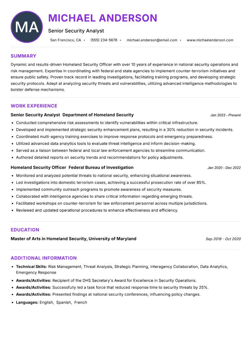 Homeland Security Officer resume example