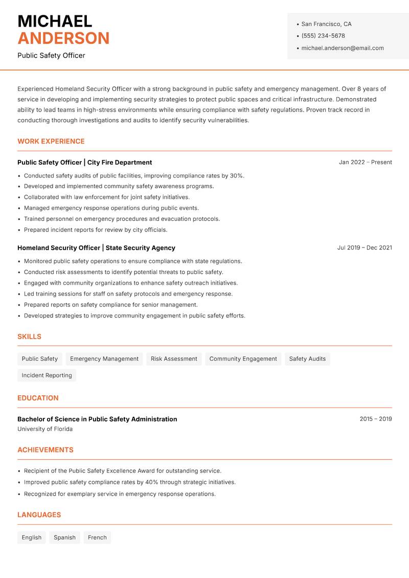 Homeland Security Officer resume sample — Public Safety Officer focus