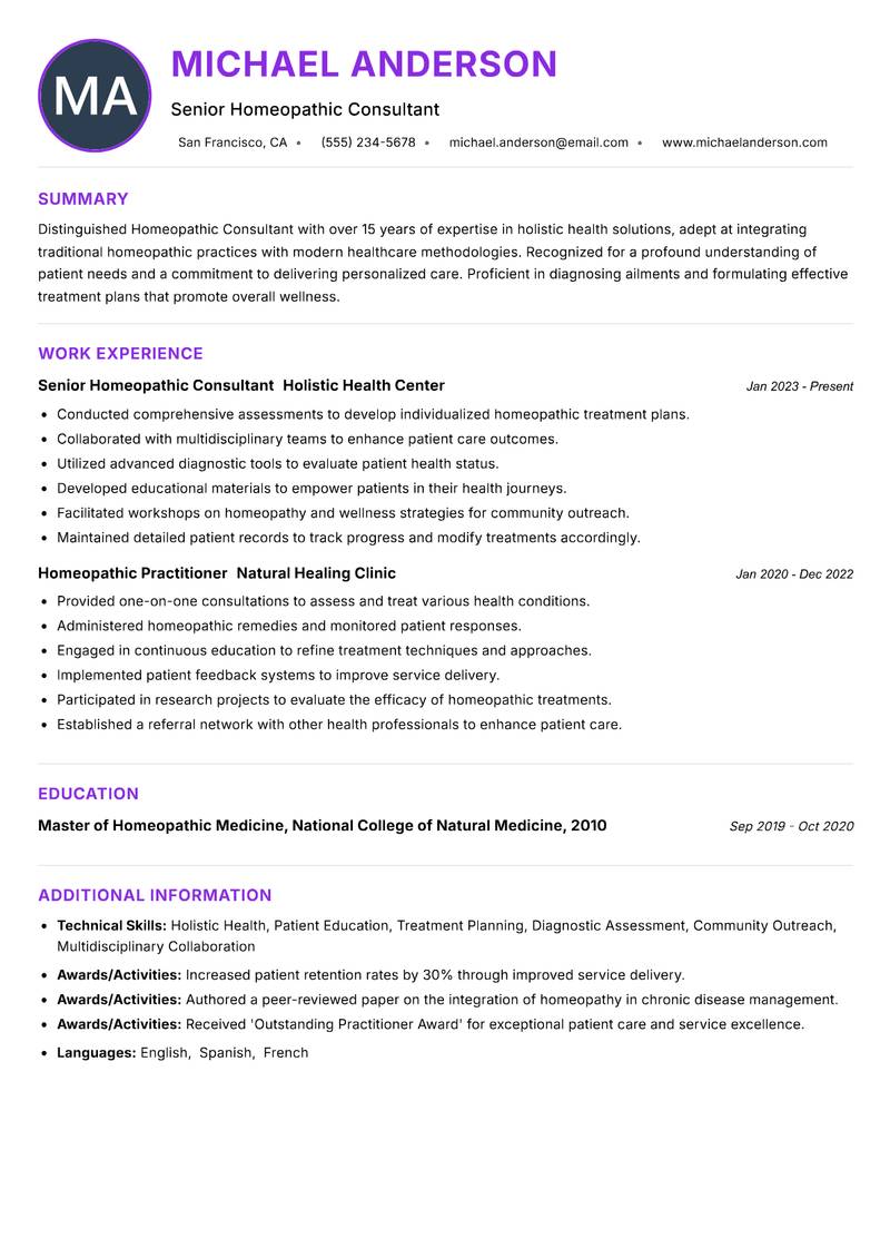Homeopathic Consultant resume example