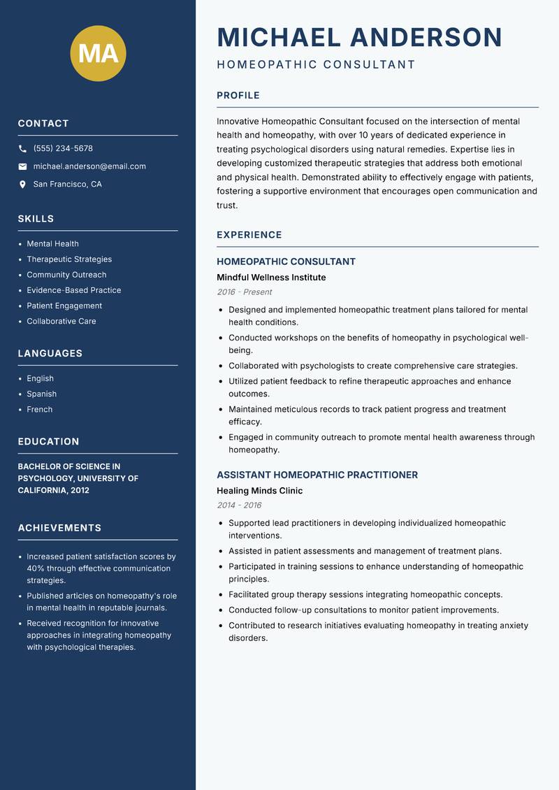Homeopathic Consultant resume sample — Homeopathic Consultant focus