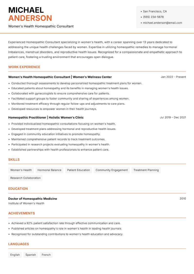 Homeopathic Consultant resume sample — Women's Health Homeopathic Consultant focus