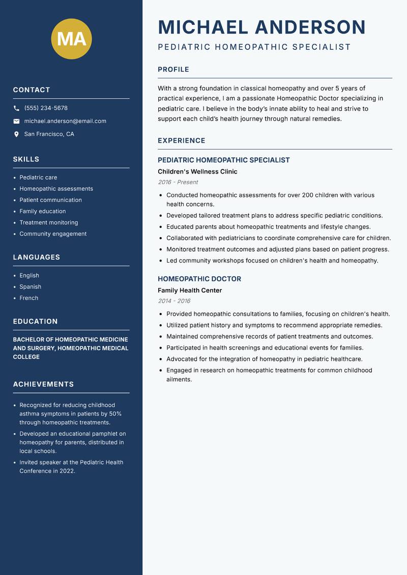 Homeopathic Doctor resume sample — Pediatric Homeopathic Specialist focus