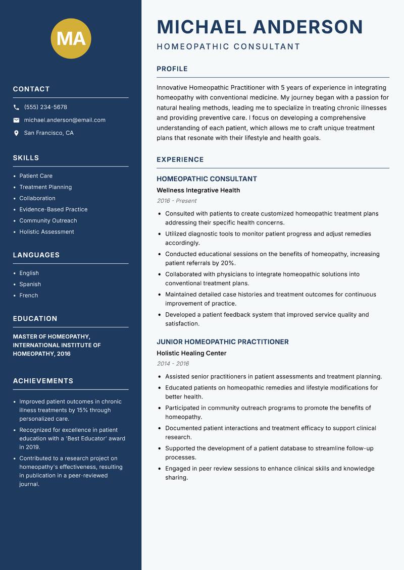 Homeopathic Practitioner resume sample — Homeopathic Consultant focus