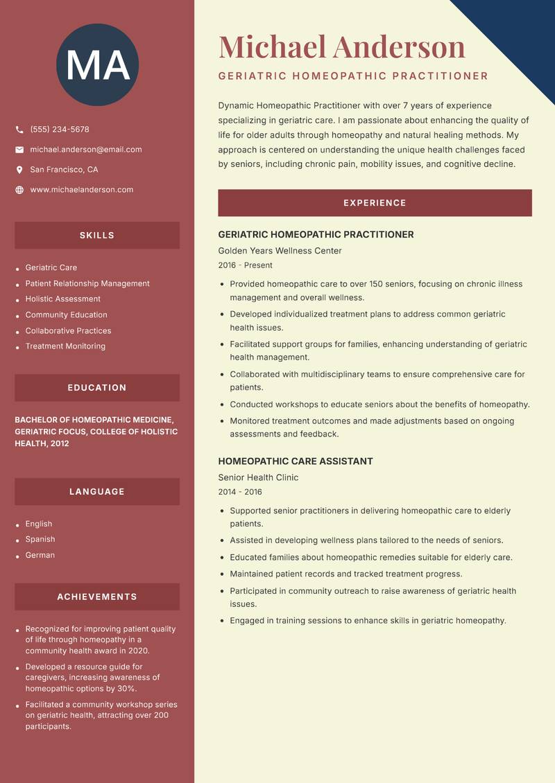 Homeopathic Practitioner resume sample — Geriatric Homeopathic Practitioner focus