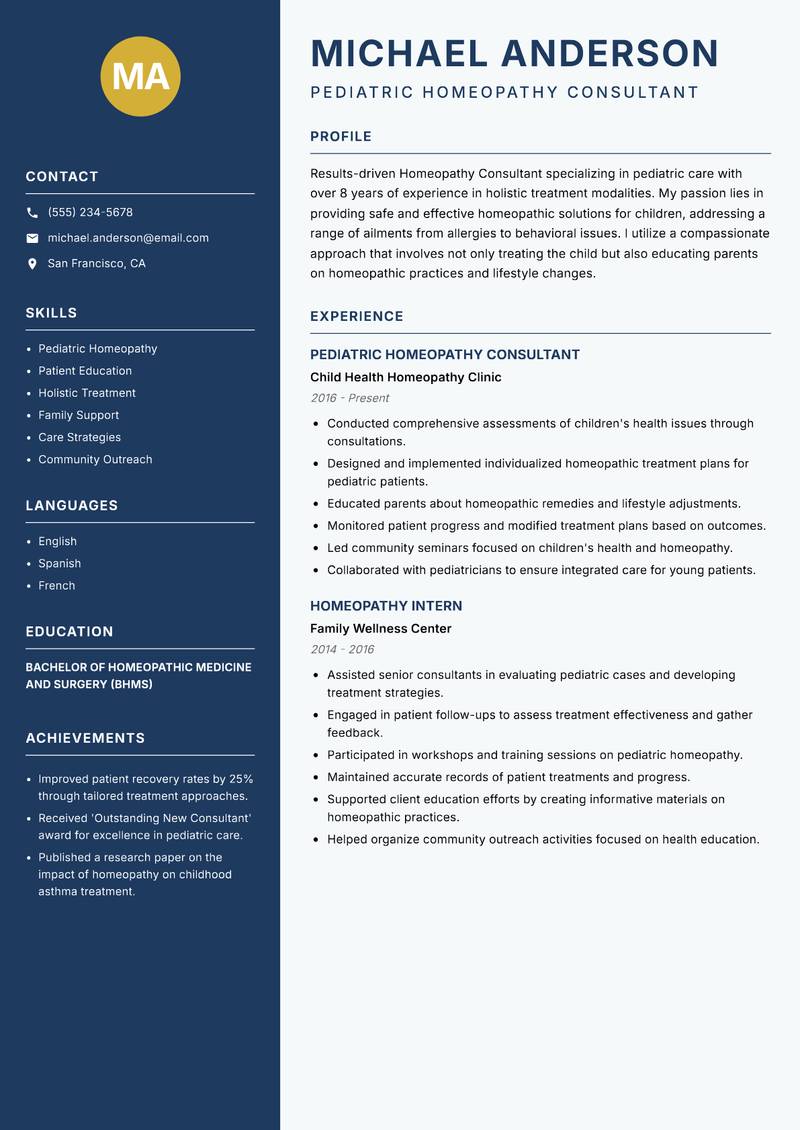 Homeopathy Consultant resume sample — Pediatric Homeopathy Consultant focus