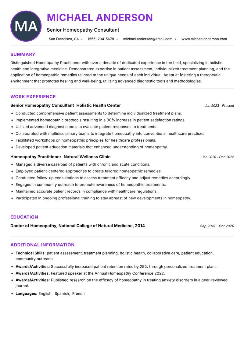 Homeopathy Practitioner resume example