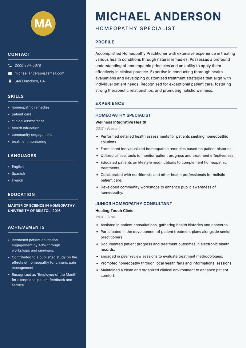Homeopathy Practitioner resume sample — Homeopathy Specialist focus