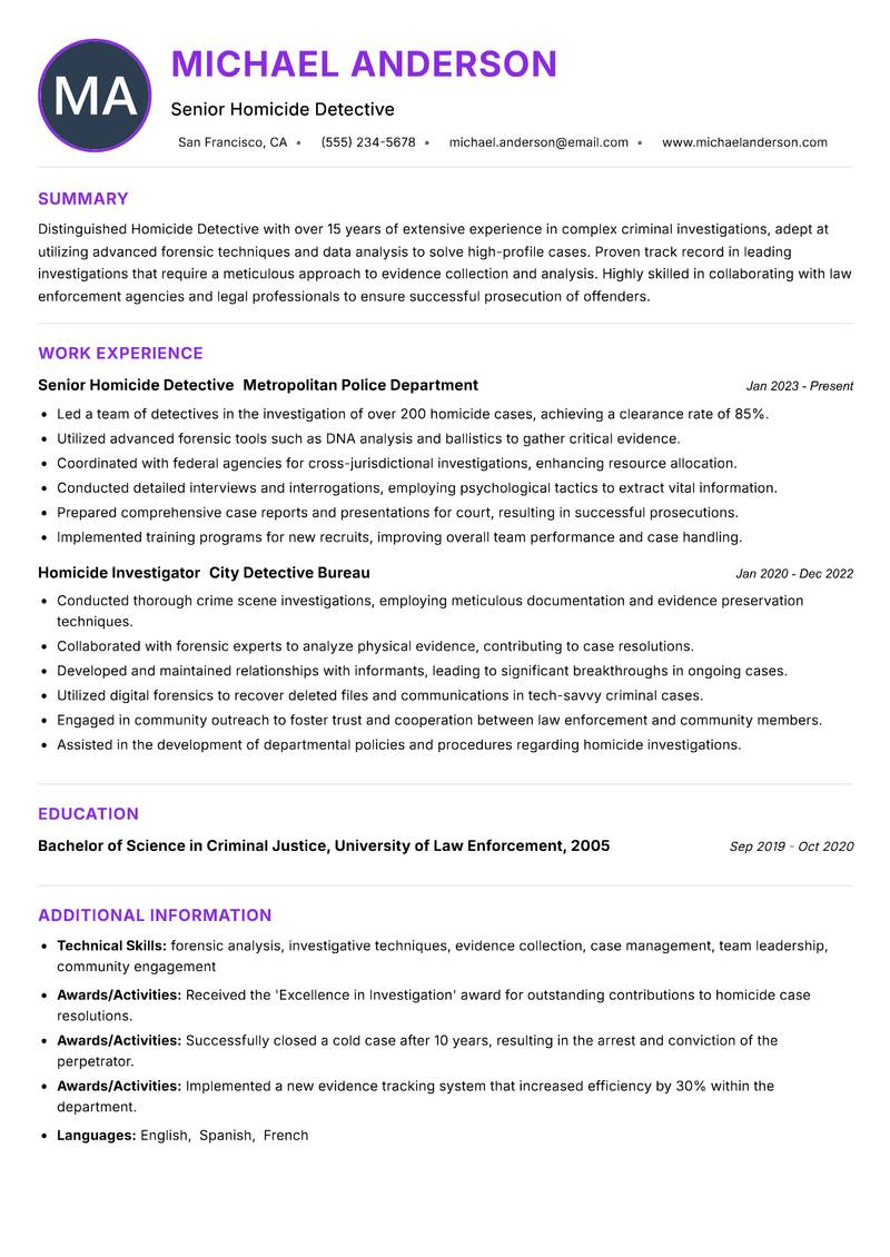Homicide Detective resume example