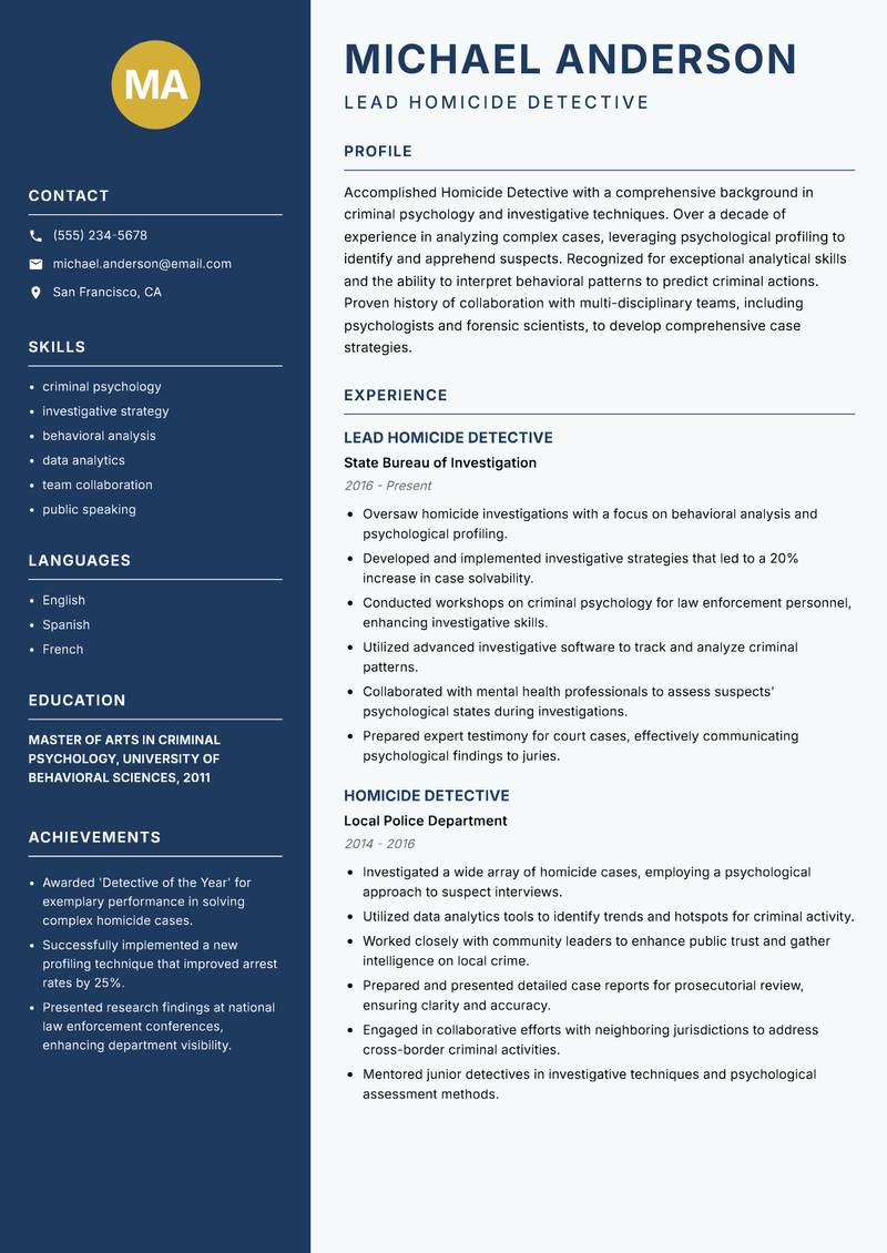 Homicide Detective resume sample — Lead Homicide Detective focus