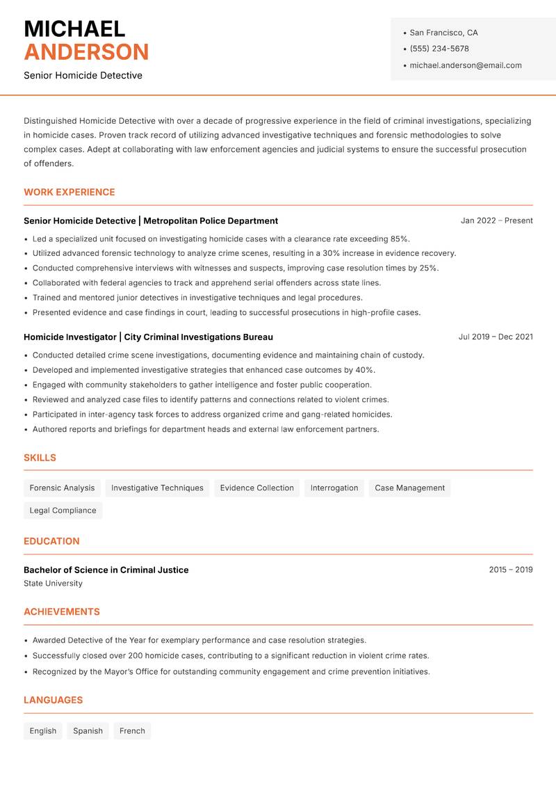 Homicide Detective resume sample — Senior Homicide Detective focus