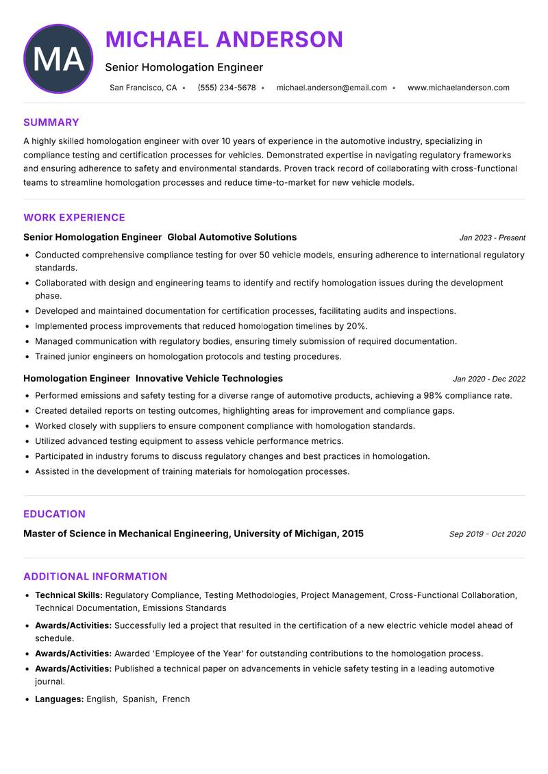 Homologation Engineer resume example