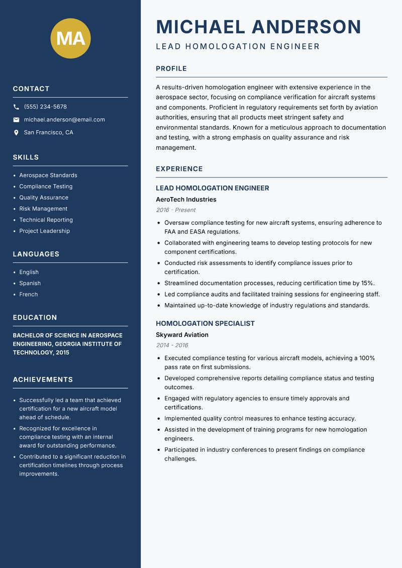 Homologation Engineer resume sample — Lead Homologation Engineer focus