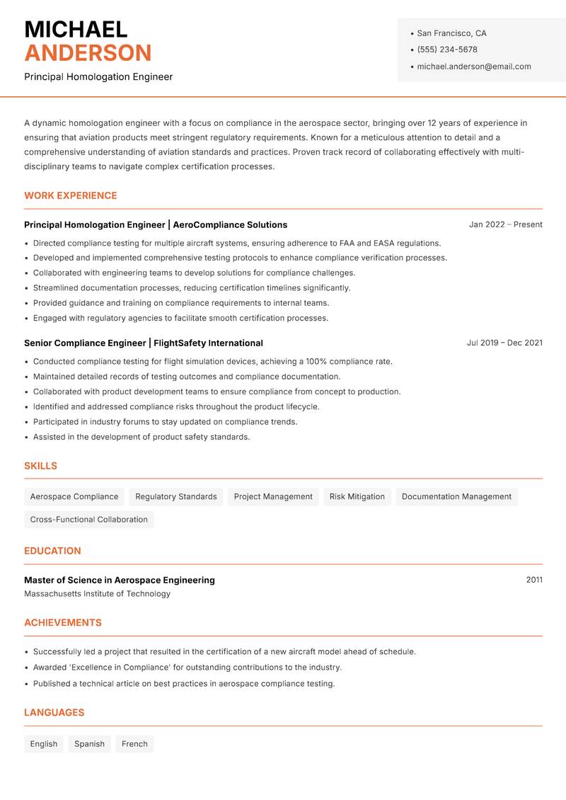 Homologation Engineer resume sample — Principal Homologation Engineer focus