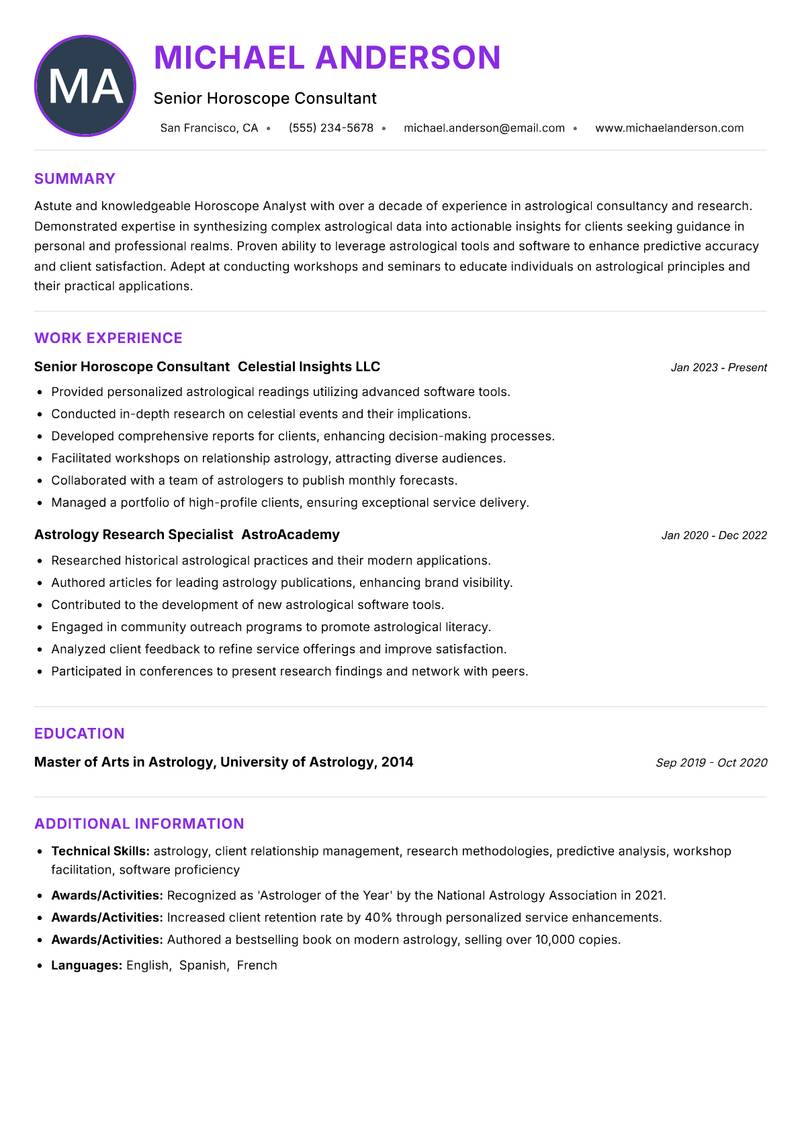 Horoscope Analyst resume example