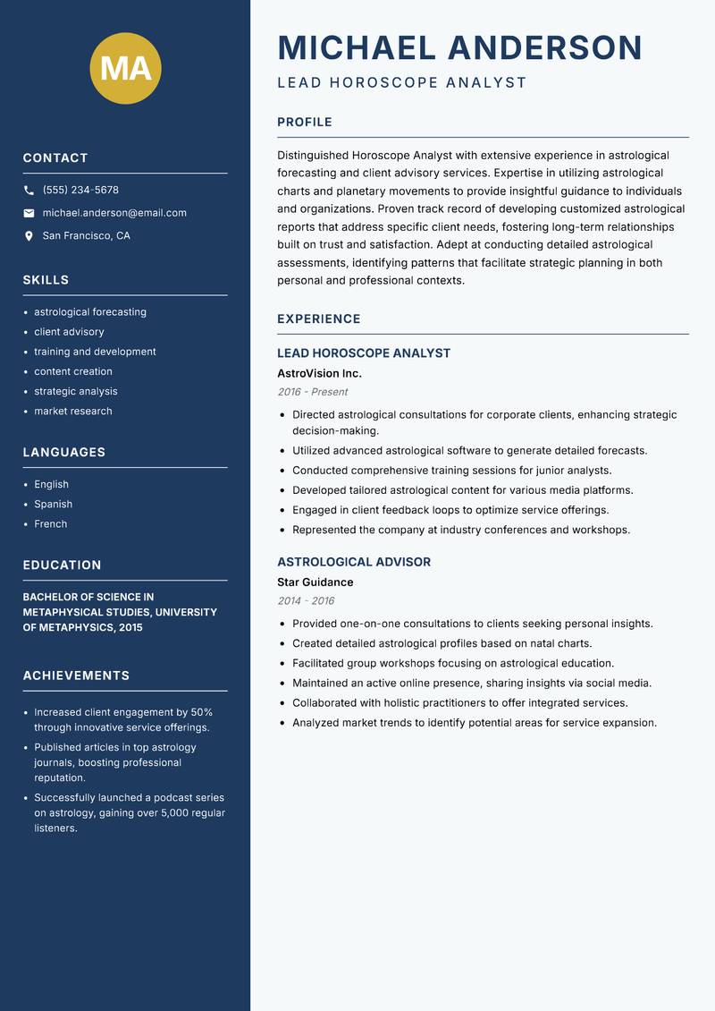 Horoscope Analyst resume sample — Lead Horoscope Analyst focus