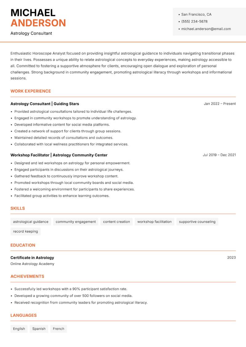 Horoscope Analyst resume sample — Astrology Consultant focus