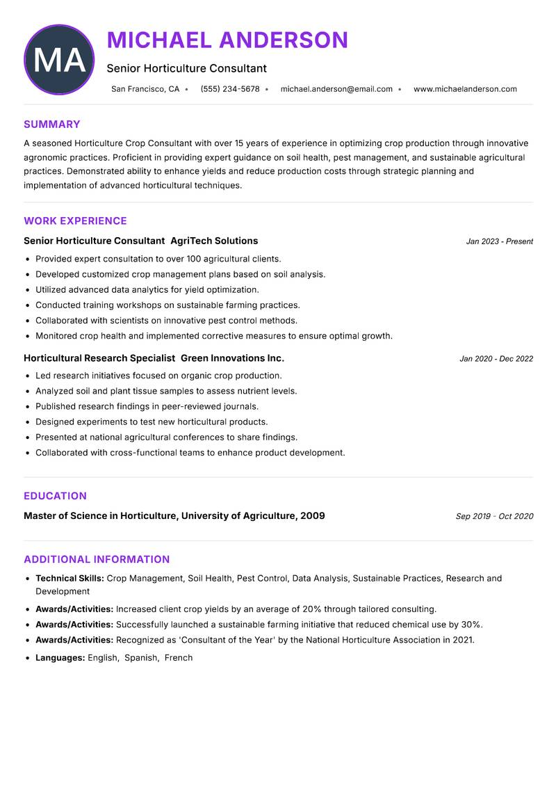 Horticulture Crop Consultant resume example