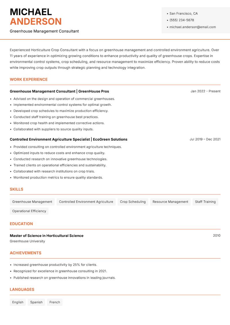 Horticulture Crop Consultant resume sample — Greenhouse Management Consultant focus