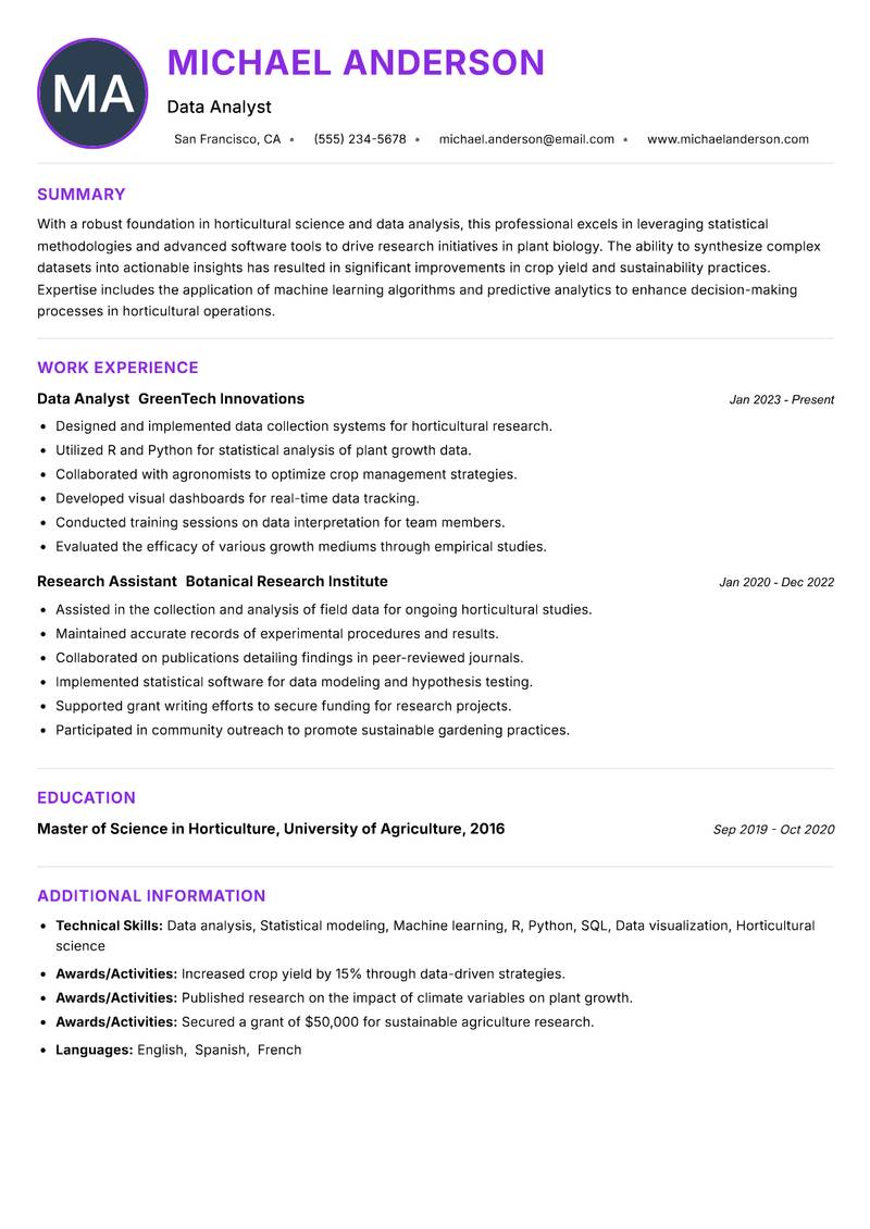 Horticulture Data Analyst resume example