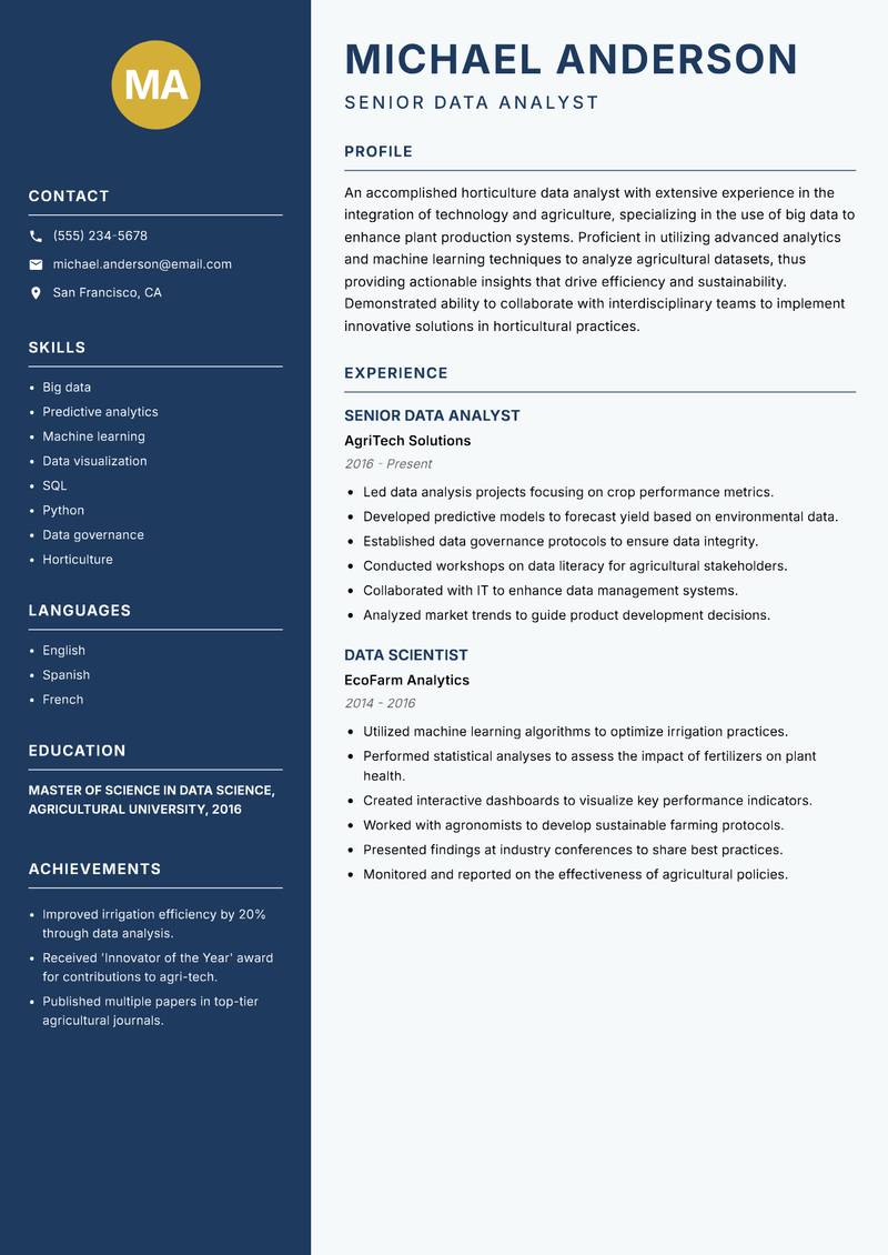 Horticulture Data Analyst resume sample — Senior Data Analyst focus