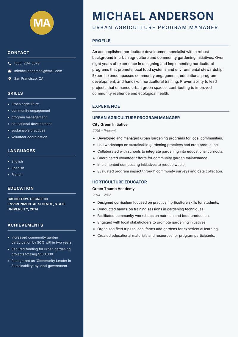 Horticulture Development Specialist resume sample — Urban Agriculture Program Manager focus