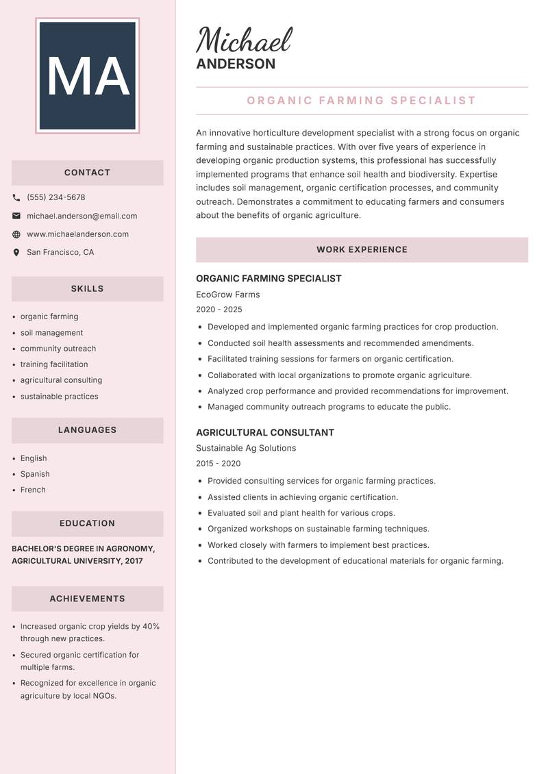 Horticulture Development Specialist resume sample — Organic Farming Specialist focus