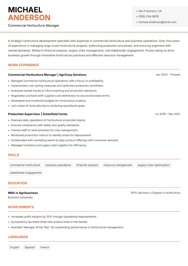 Horticulture Development Specialist resume sample — Commercial Horticulture Manager focus