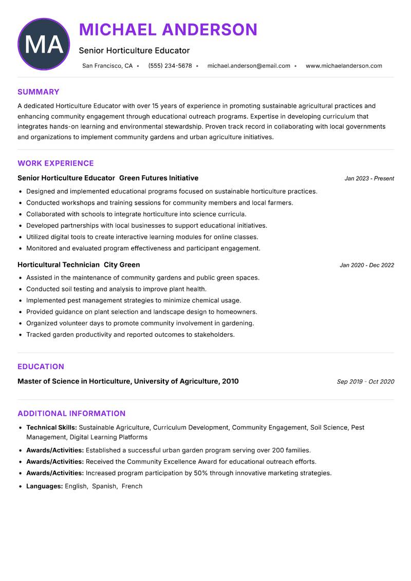 Horticulture Educator resume example