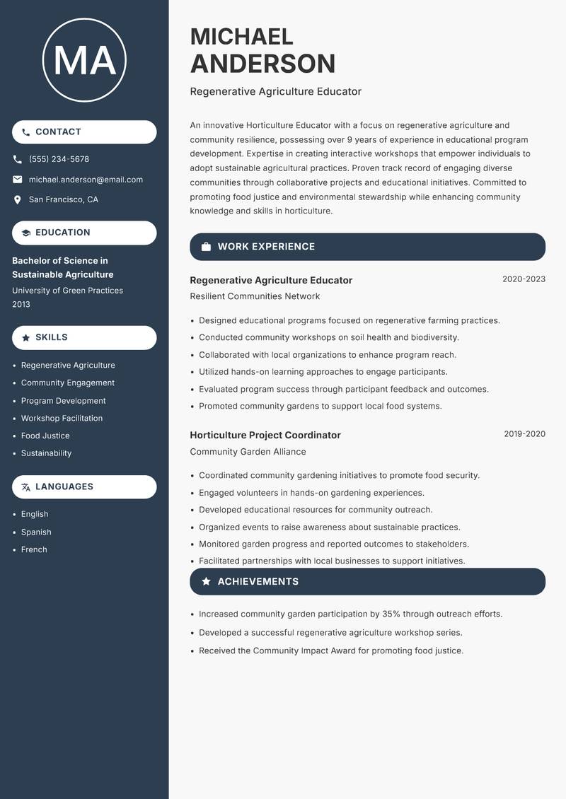Horticulture Educator resume sample — Regenerative Agriculture Educator focus