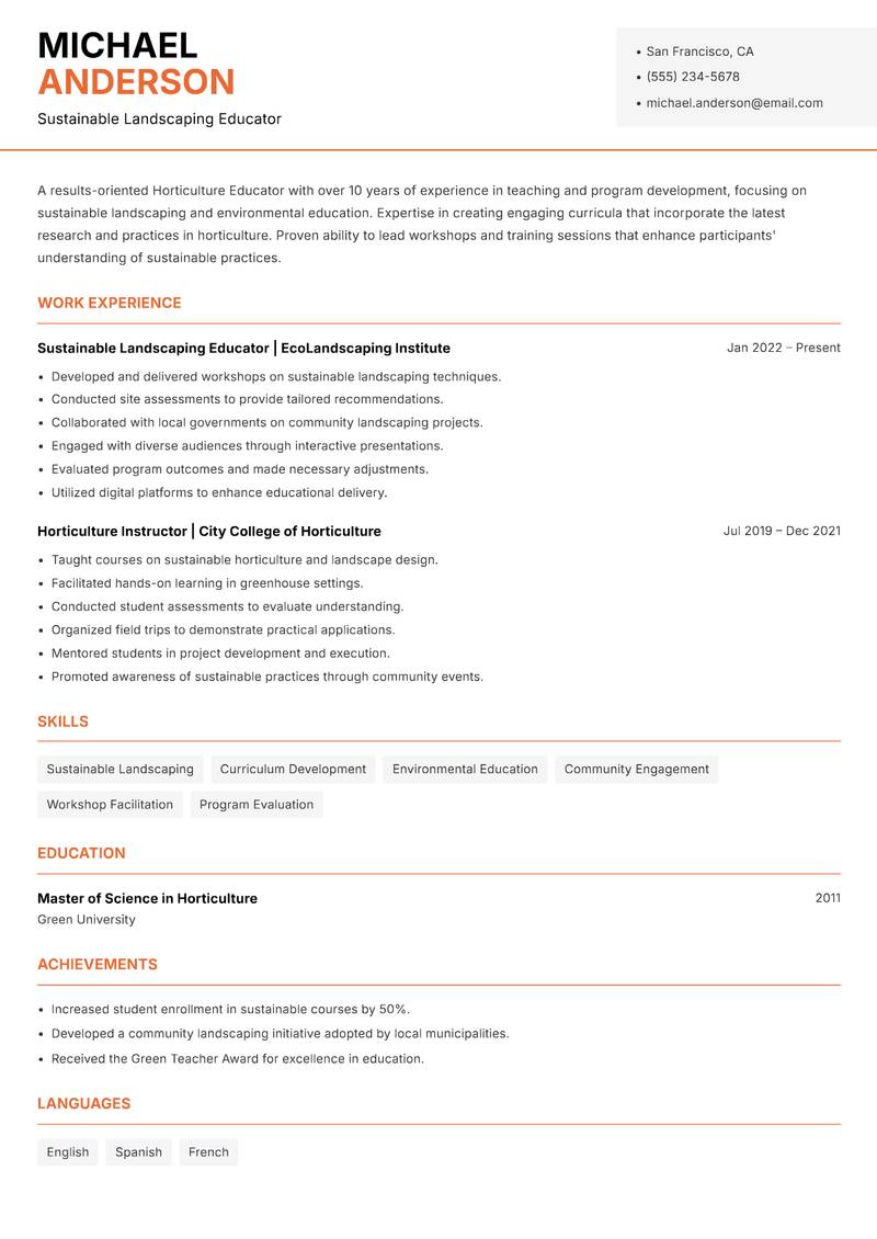 Horticulture Educator resume sample — Sustainable Landscaping Educator focus
