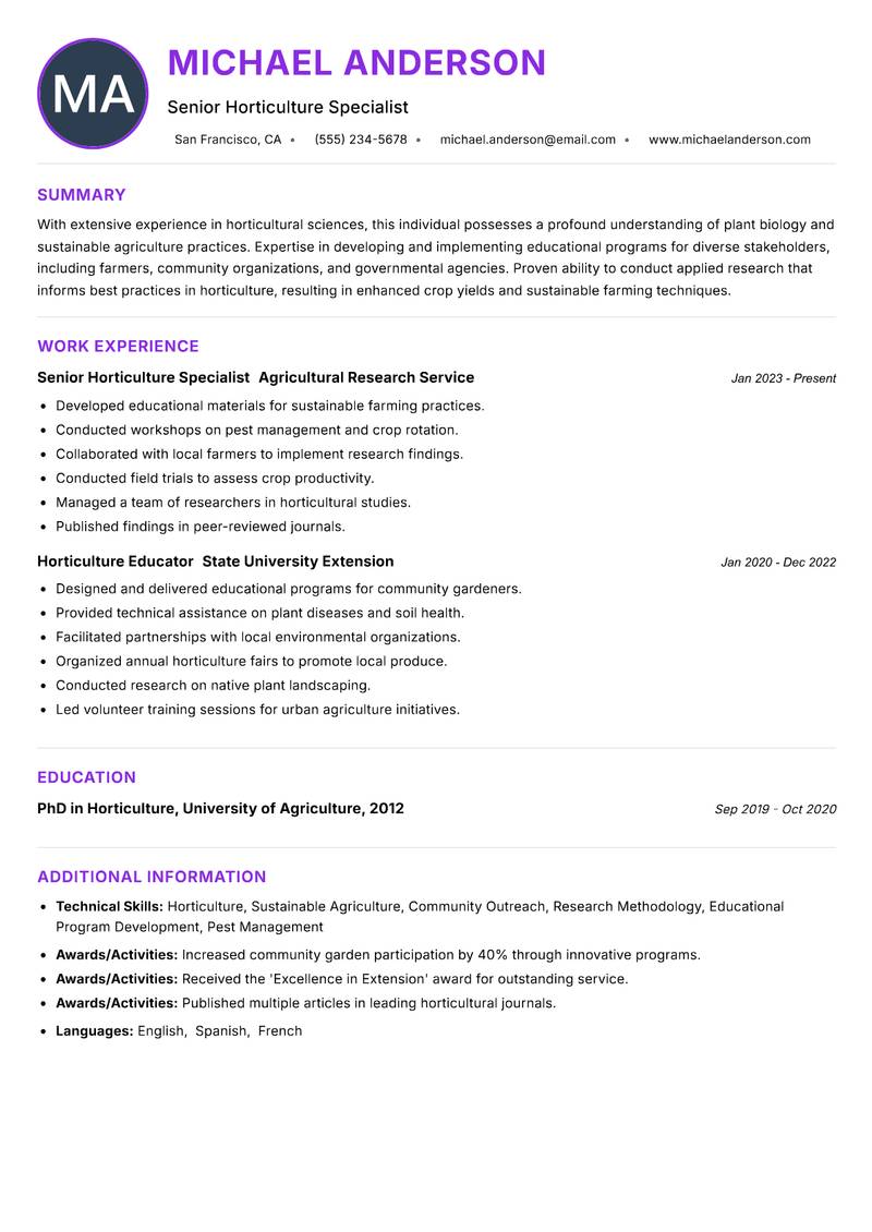 Horticulture Extension Specialist resume example