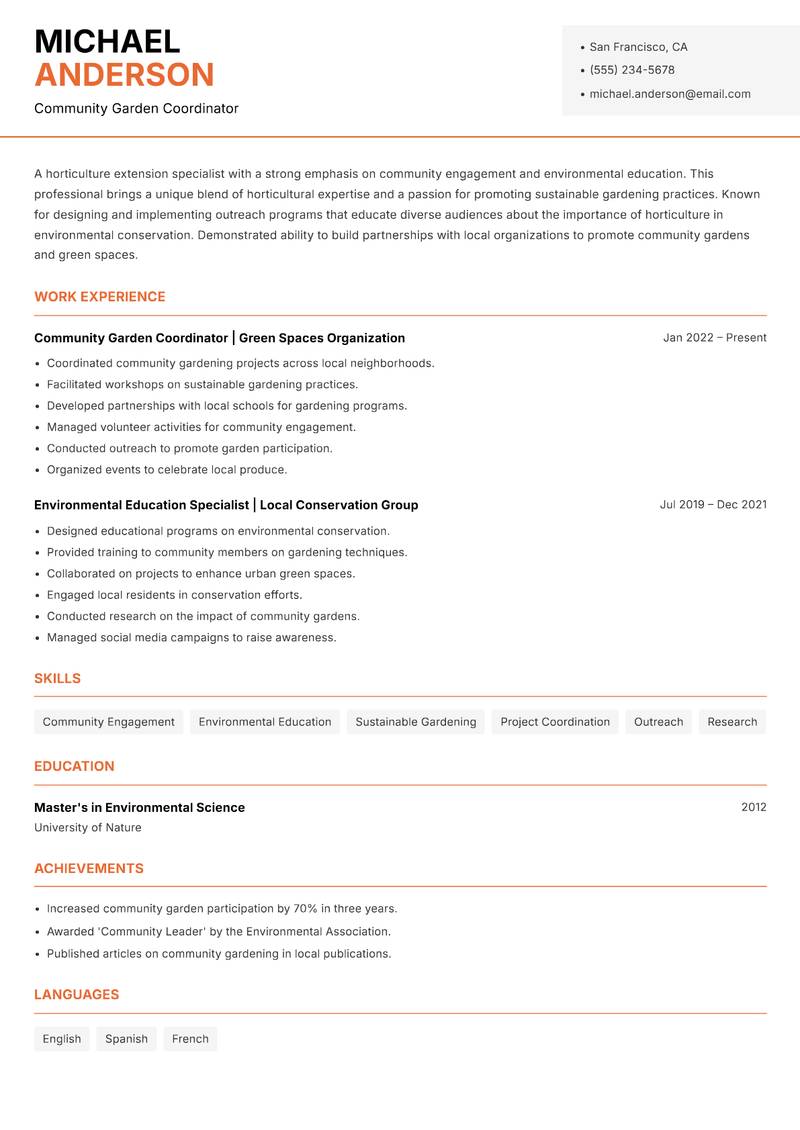 Horticulture Extension Specialist resume sample — Community Garden Coordinator focus
