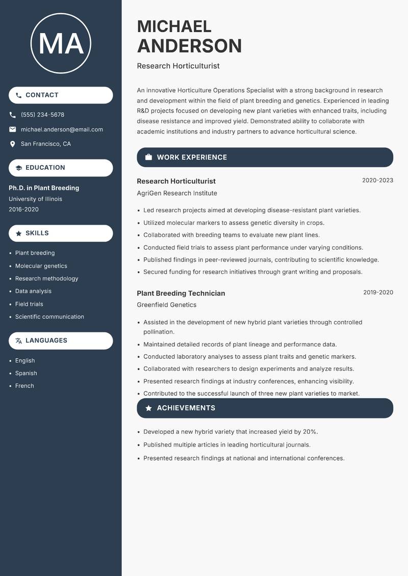 Horticulture Operations Specialist resume sample — Research Horticulturist focus