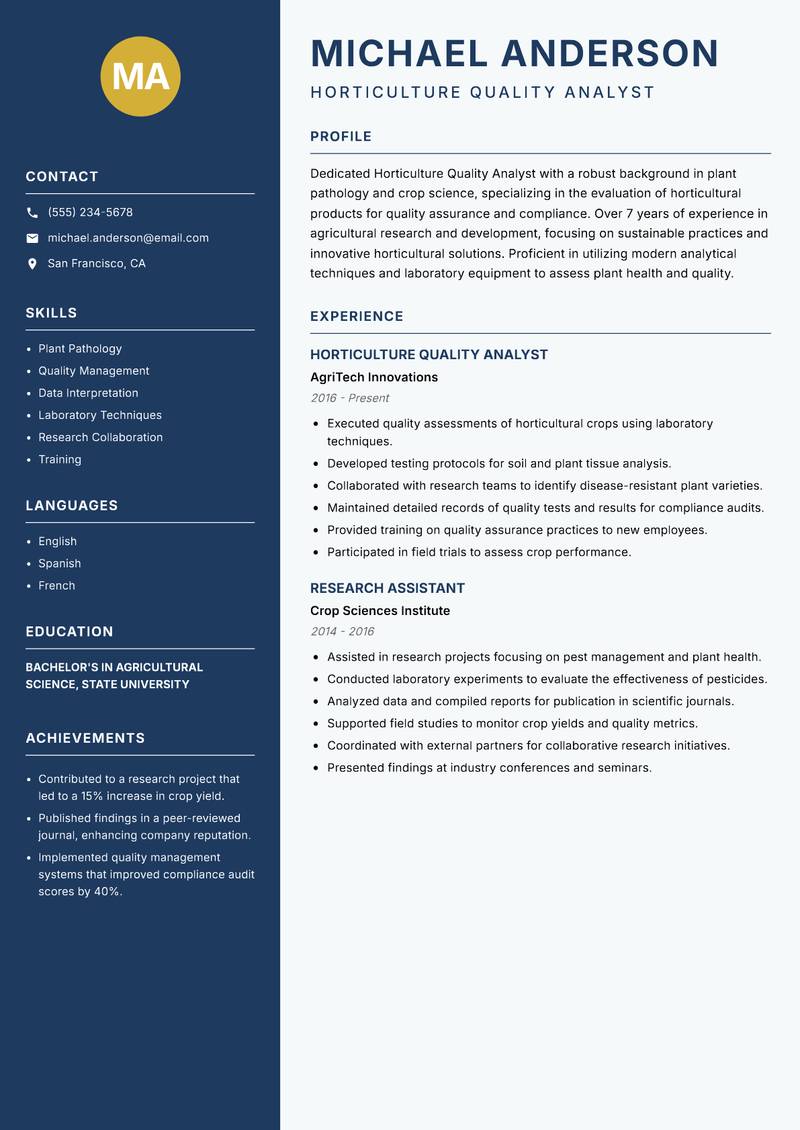 Horticulture Quality Analyst resume sample — Horticulture Quality Analyst focus