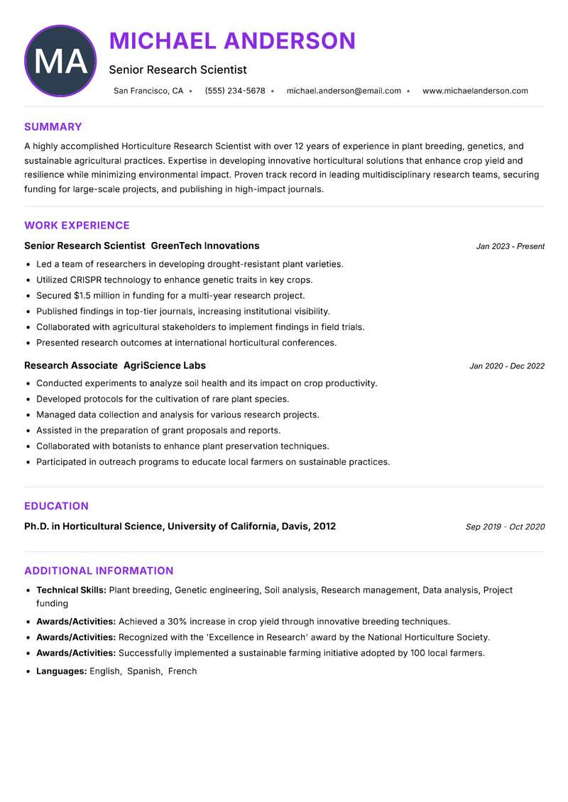 Horticulture Research Scientist resume example