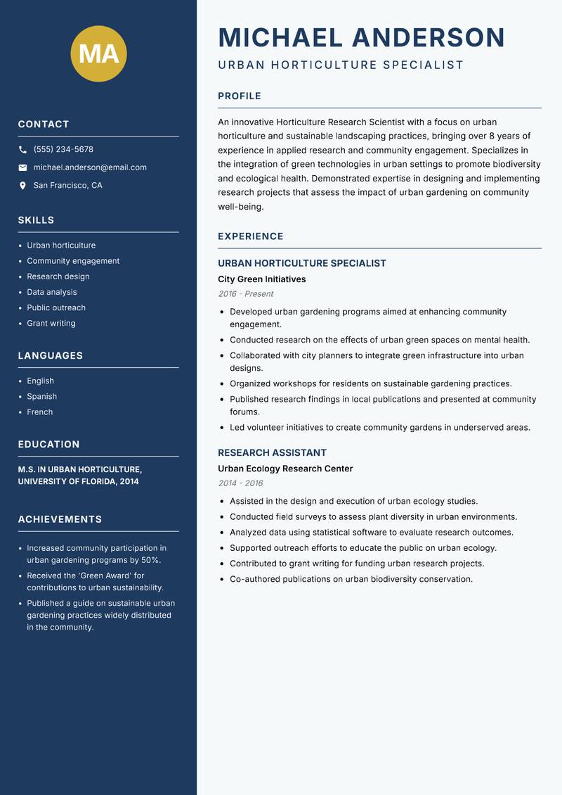 Horticulture Research Scientist resume sample — Urban Horticulture Specialist focus