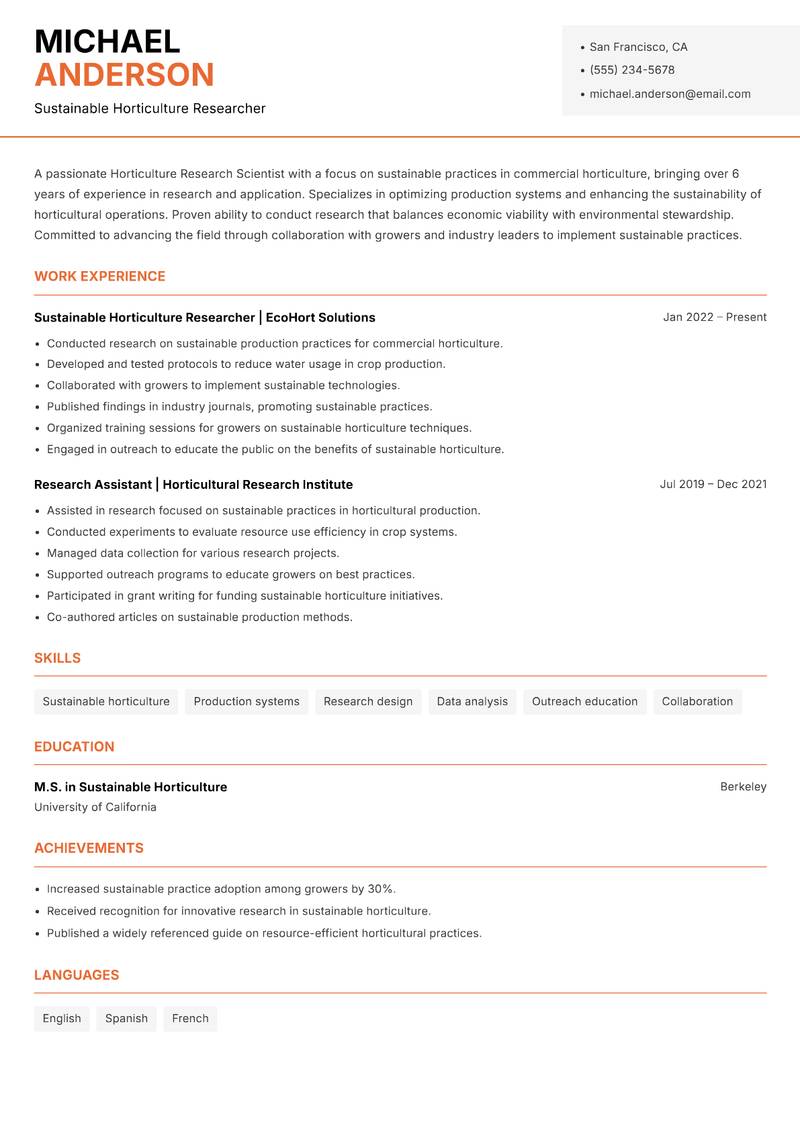 Horticulture Research Scientist resume sample — Sustainable Horticulture Researcher focus