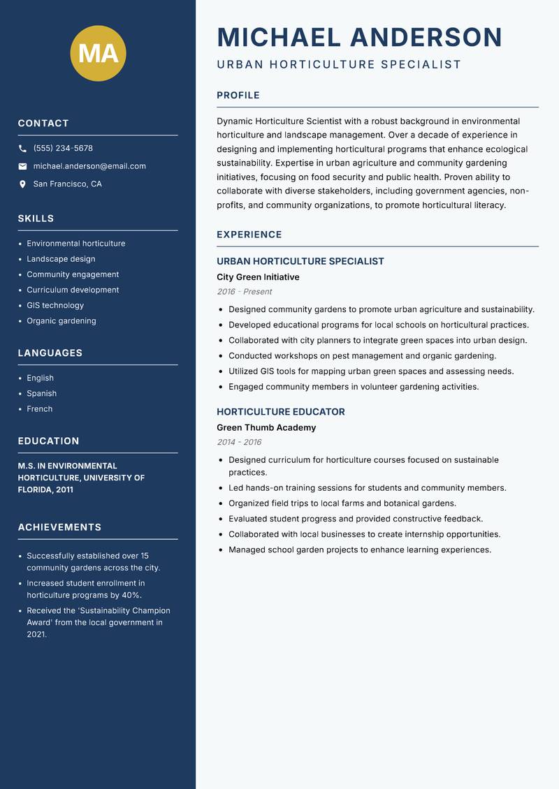 Horticulture Scientist resume sample — Urban Horticulture Specialist focus