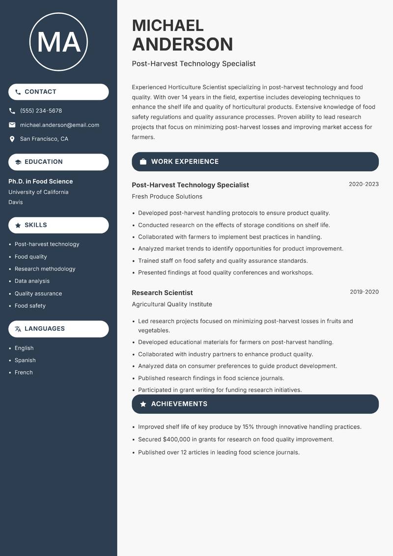 Horticulture Scientist resume sample — Post-Harvest Technology Specialist focus