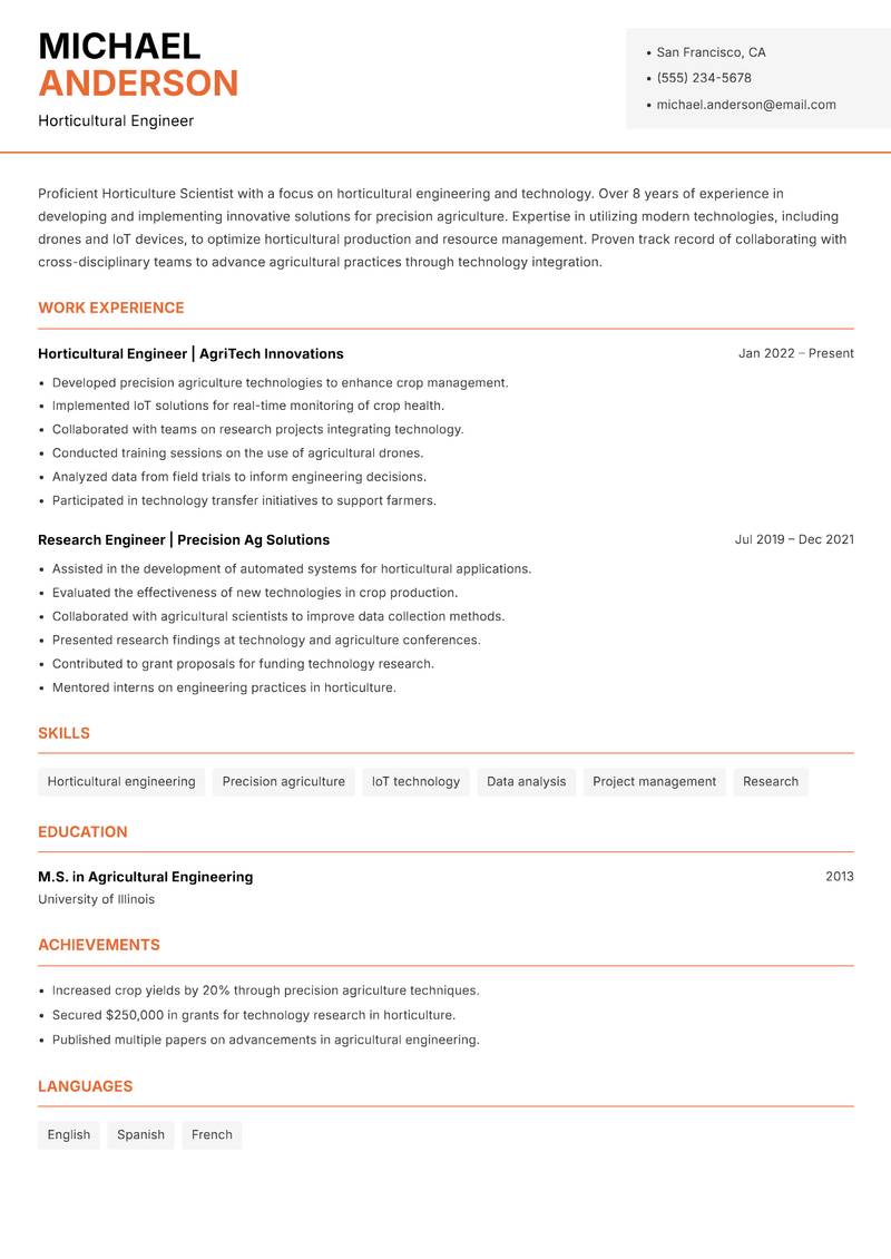 Horticulture Scientist resume sample — Horticultural Engineer focus