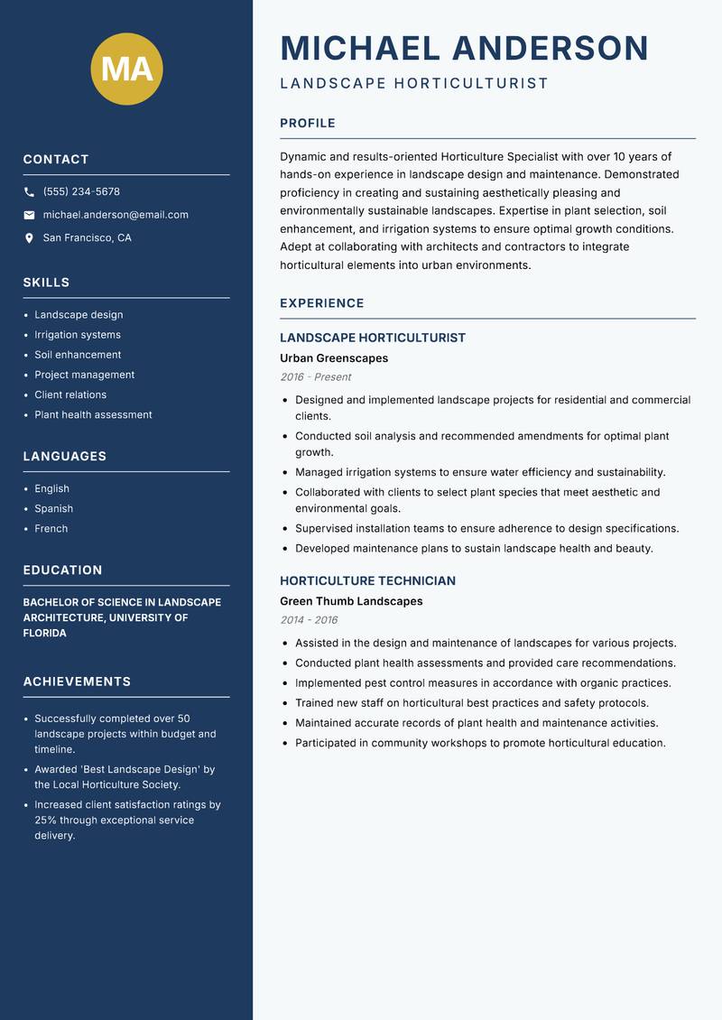 Horticulture Specialist resume sample — Landscape Horticulturist focus