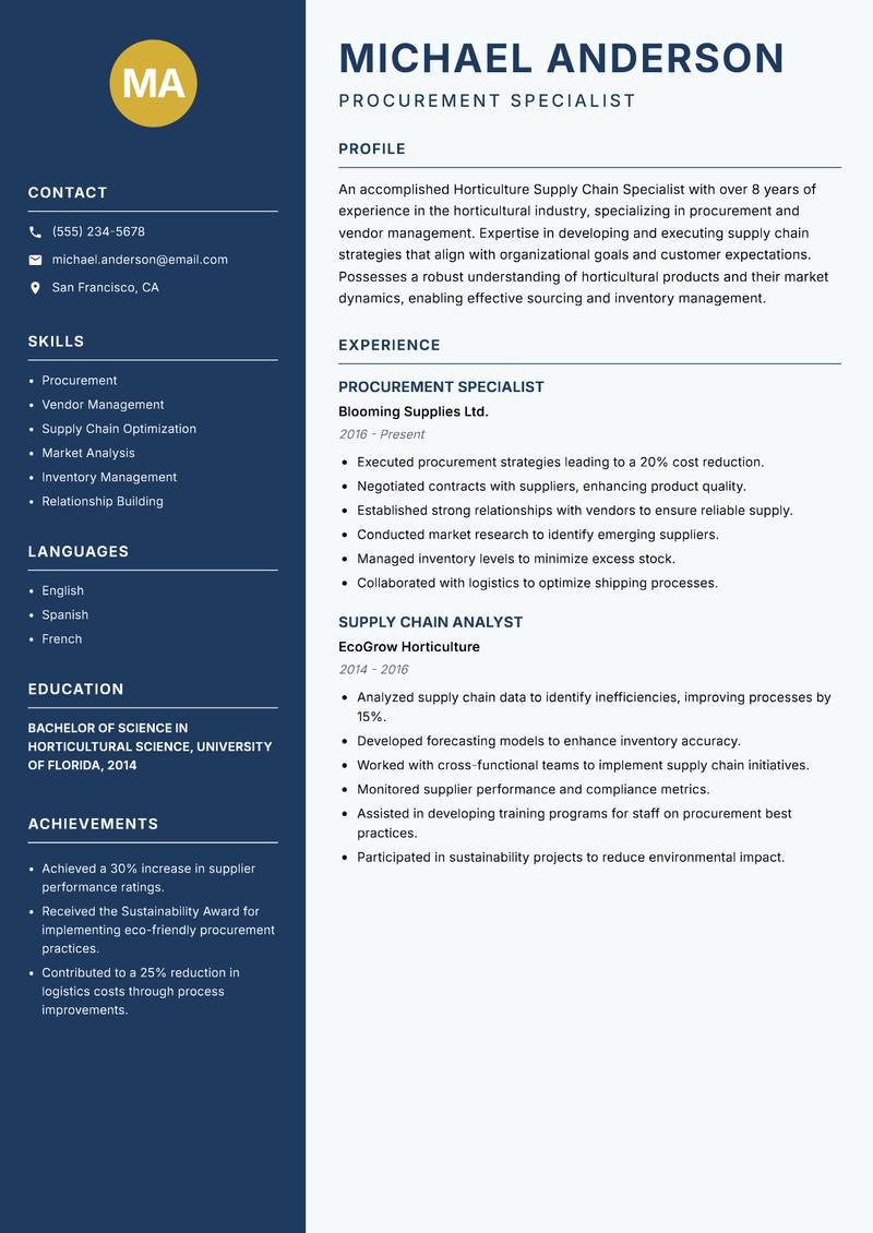 Horticulture Supply Chain Specialist resume sample — Procurement Specialist focus