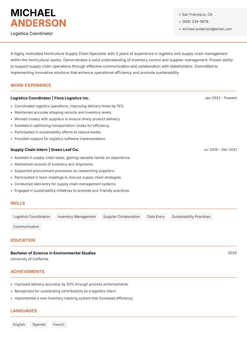 Horticulture Supply Chain Specialist resume sample — Logistics Coordinator focus